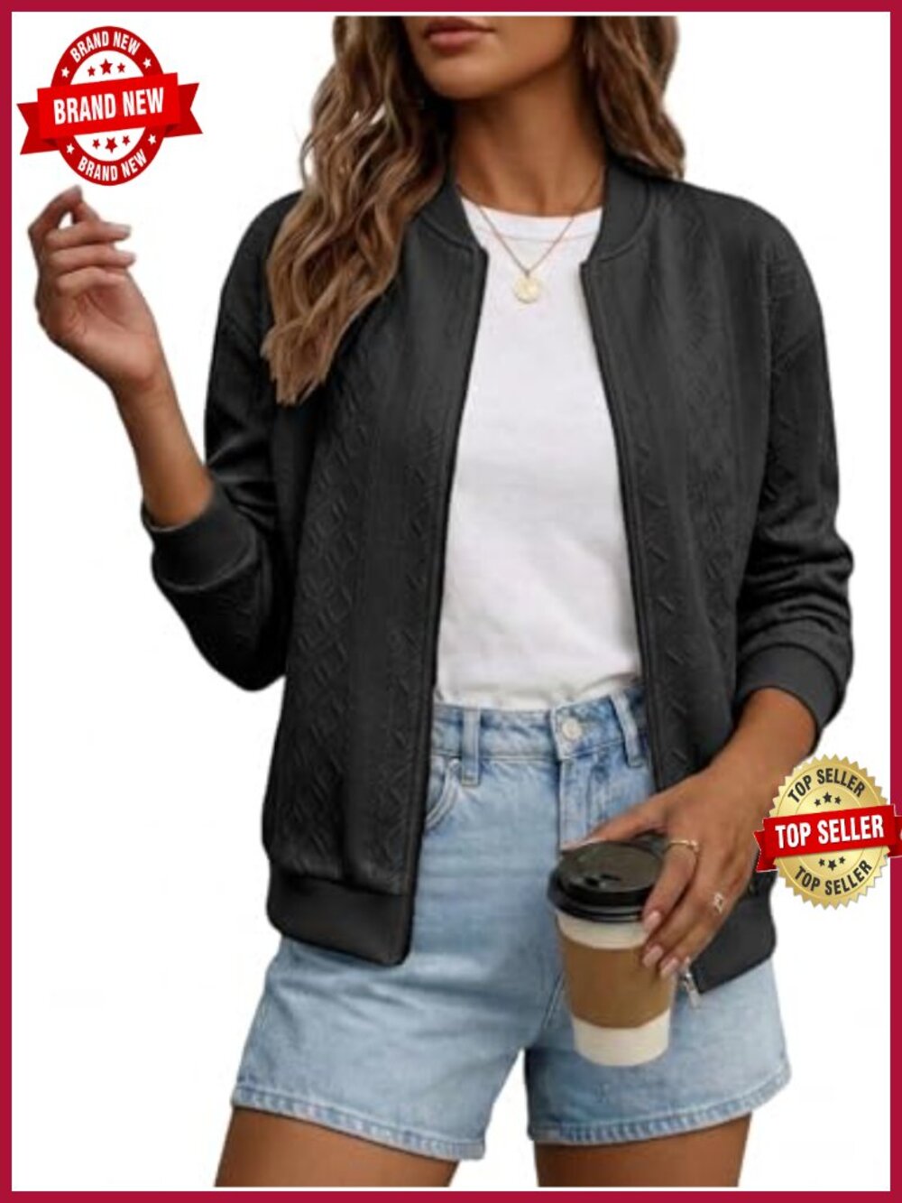 Zip Up Jacquard Textured Bomber Jacket Full-Lined Lightweight Women's Work
